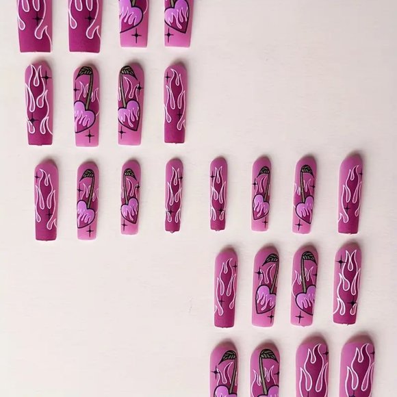 24pcs Long Ballet Fake Nails Matte Pink Purple Flame Fashion False Nails - Picture 2 of 5